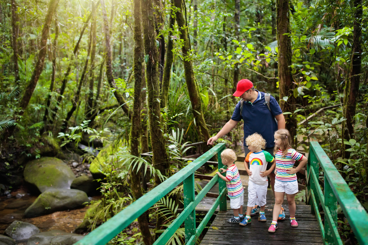 Family hiking in jungle.